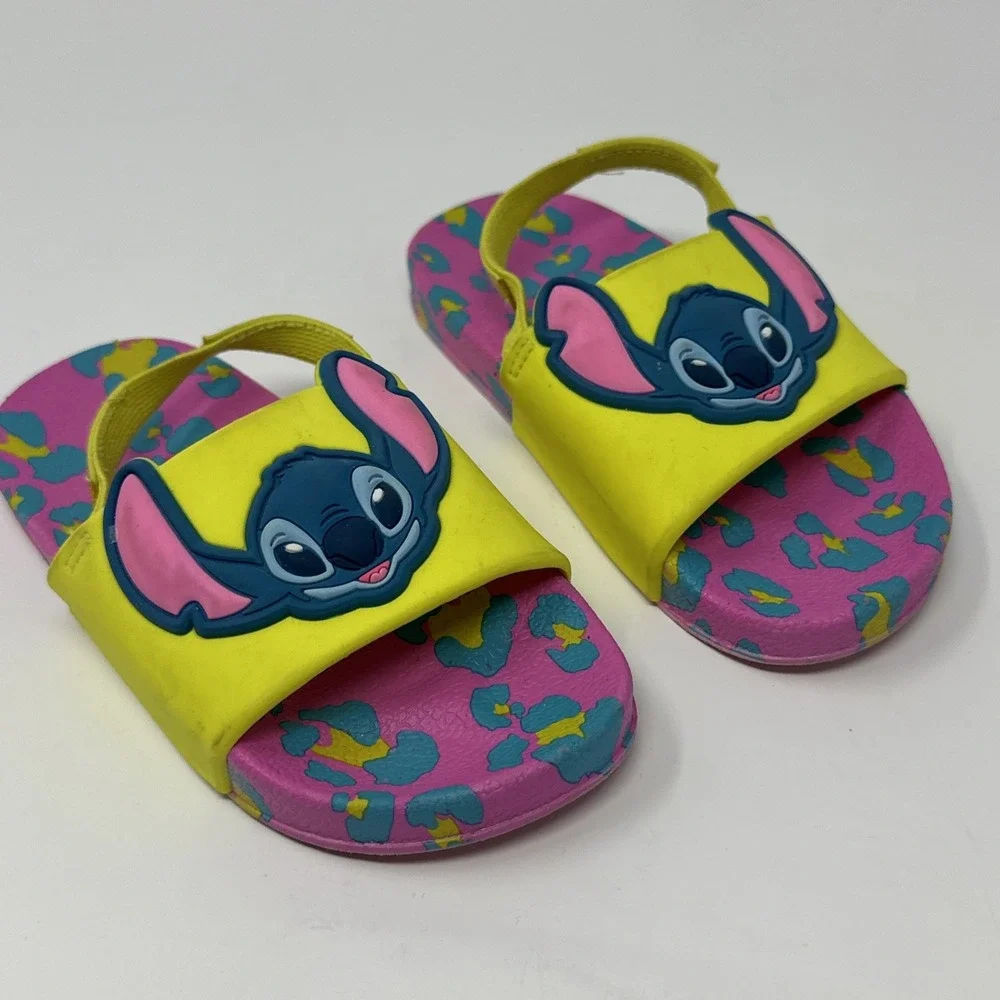 Disney Stitch Beach Sandals - Pink Yellow Blue Leopard - Size Kids 7/8
